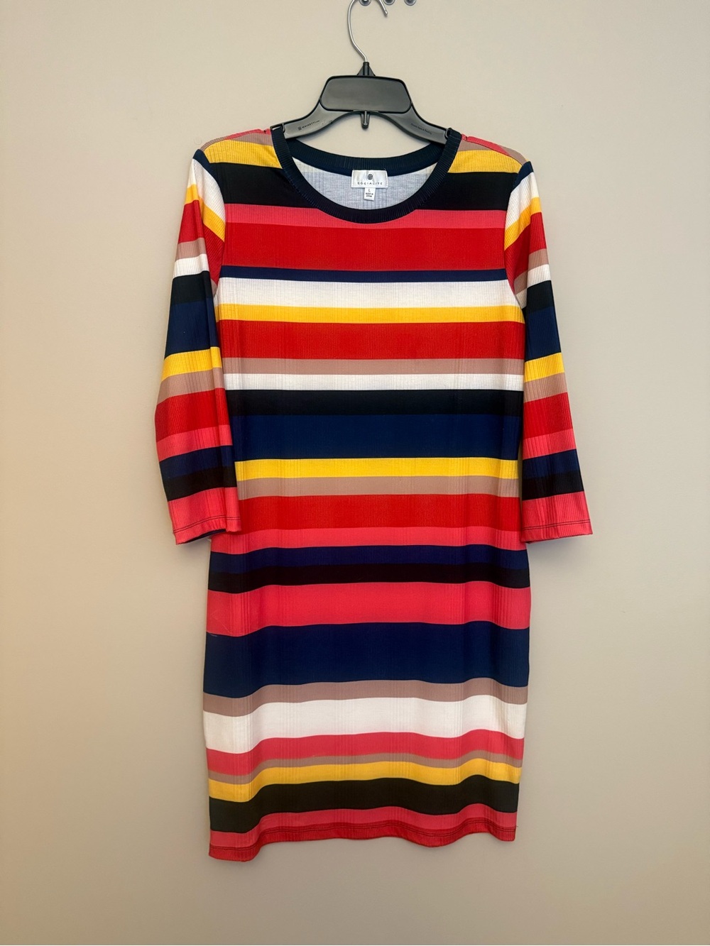 Striped Multicolor Crewneck Midi Dress - Navy, Red & Yellow